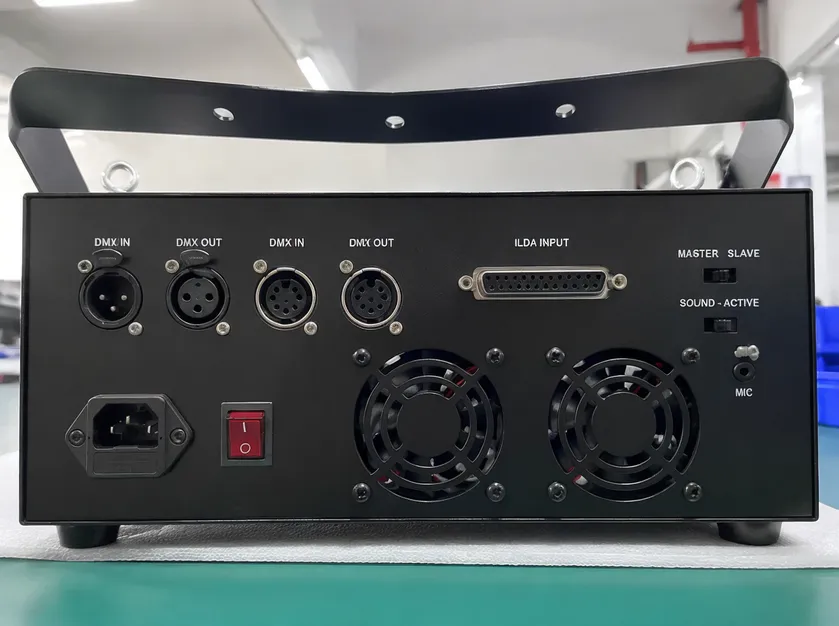 Rear panel of professional DJ laser showing DMX XLR connectors and ILDA DB-25 input
