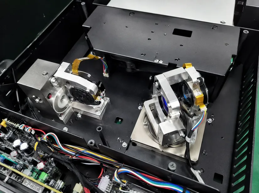 Galvanometer mirror scanning mechanism inside professional DJ laser fixture