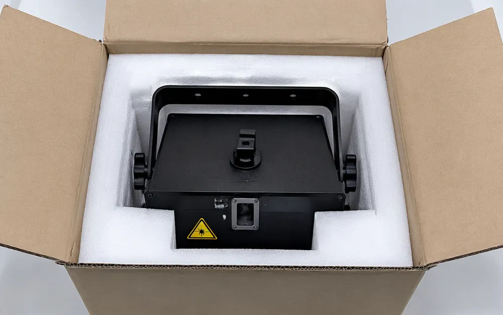 Professional DJ laser light in molded EPE foam packaging with galvo locking mechanism and dual-density protection