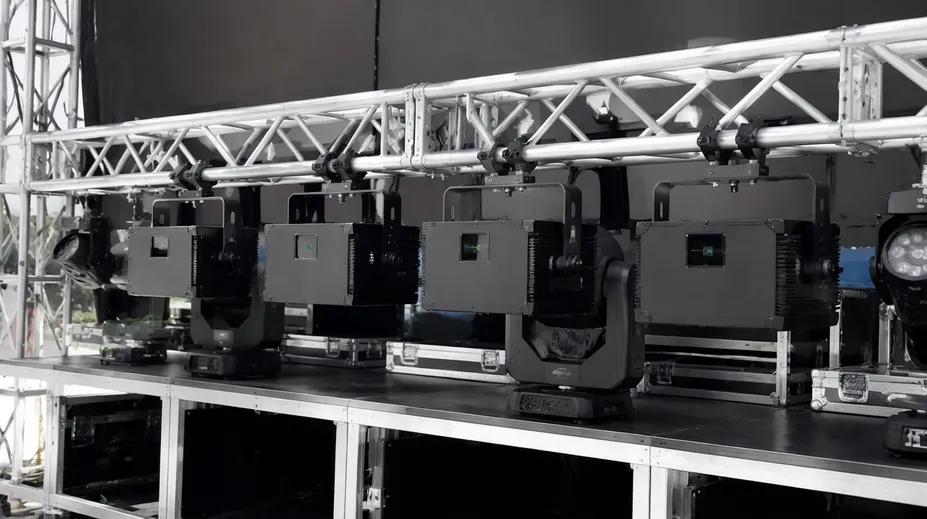 Professional DJ laser lights mounted in a mobile touring rig setup
