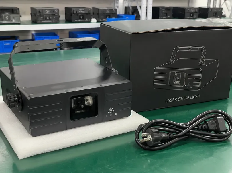 Custom OEM branded professional DJ laser light with laser-etched logo and branded packaging