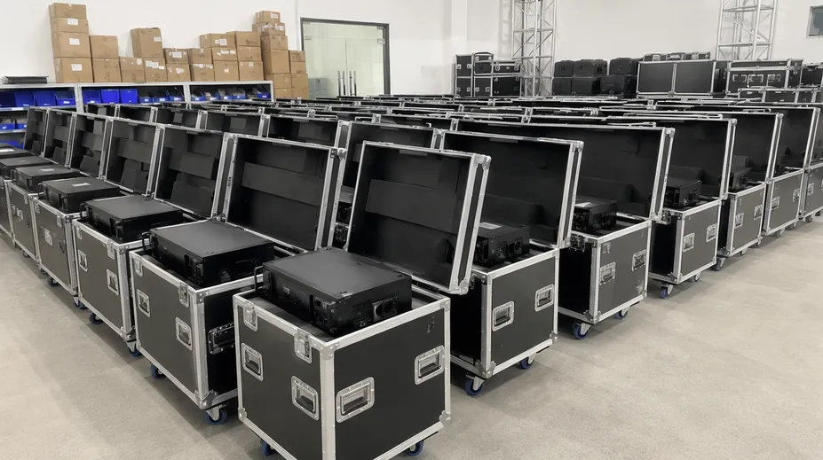 Laser light fleet inventory stored in flight cases for event rental deployment