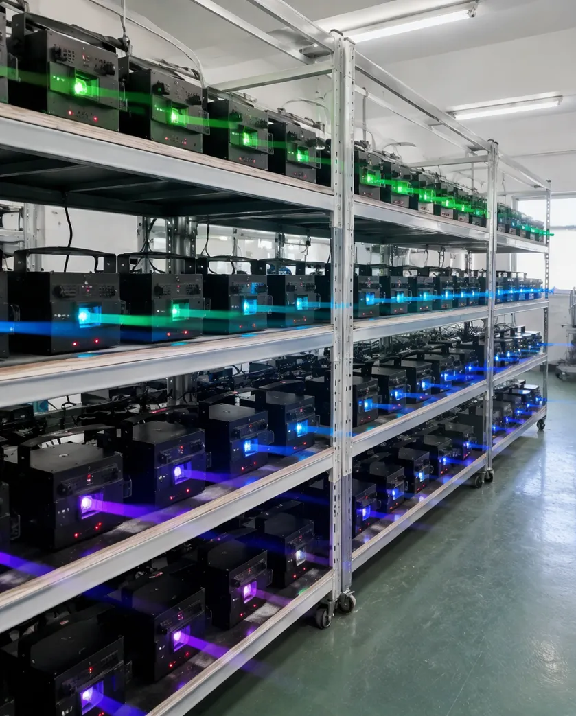 Professional DJ laser units undergoing 48-hour full-output aging test on production rack