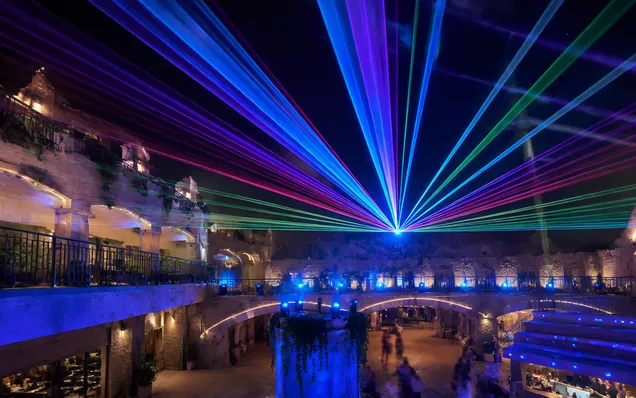 Architectural RGB laser installation in themed entertainment venue