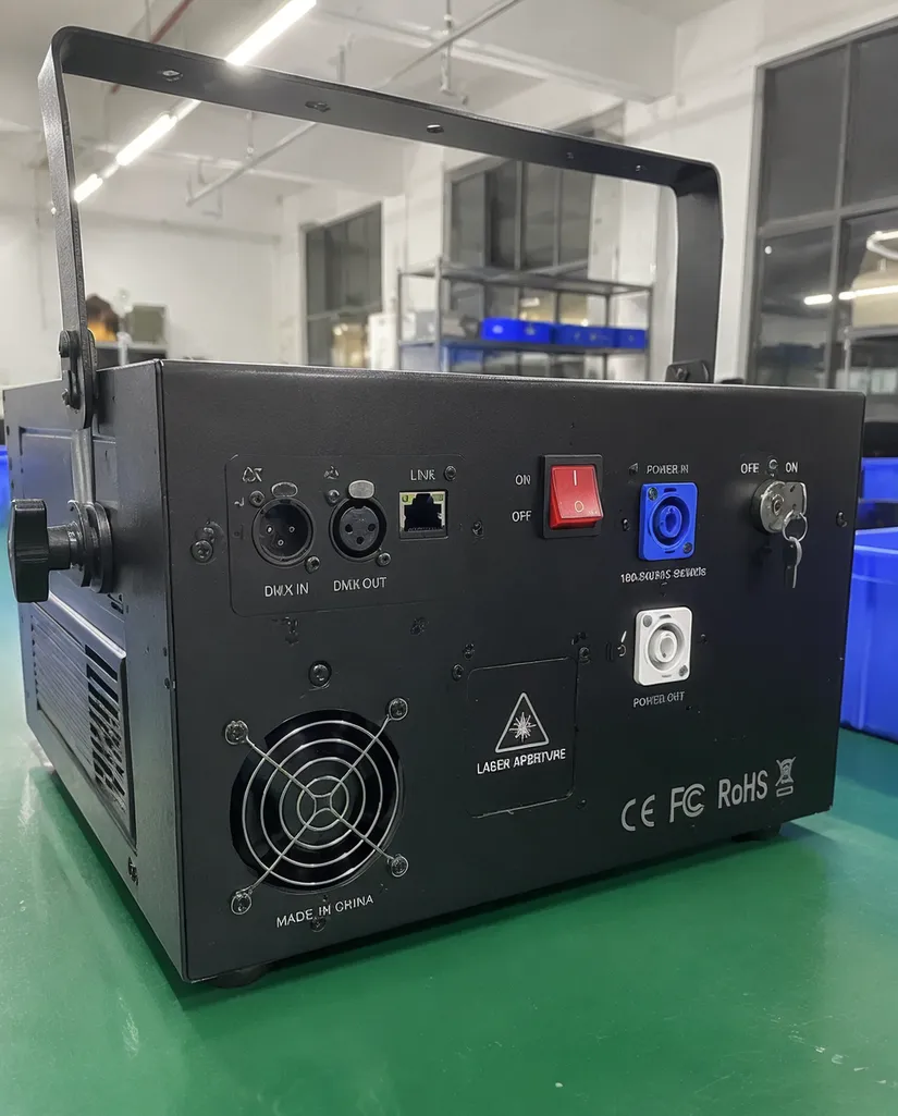 RGB laser projector with CE, FCC, and RoHS certification labels visible on rear panel