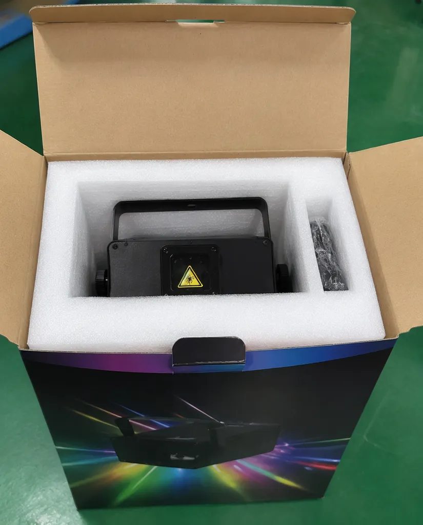 RGB laser projector in dual-density EPE foam insert inside branded color box packaging