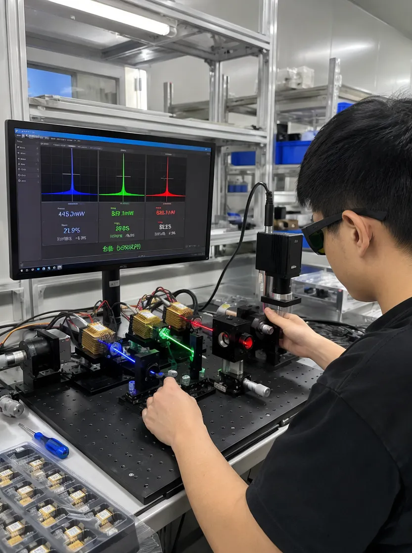 RGB laser diode triplet matching and optical assembly calibration process at GDMonkey factory