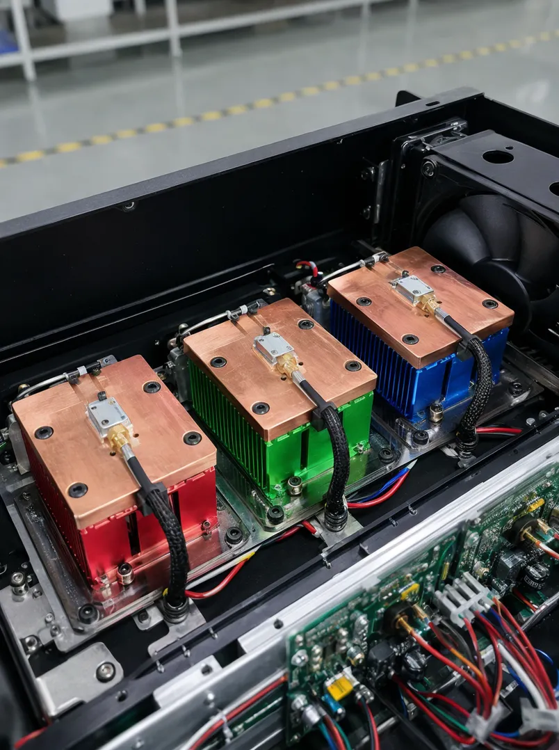 Separated thermal paths with copper heat spreaders and individual heatsink fin stacks for each RGB diode module