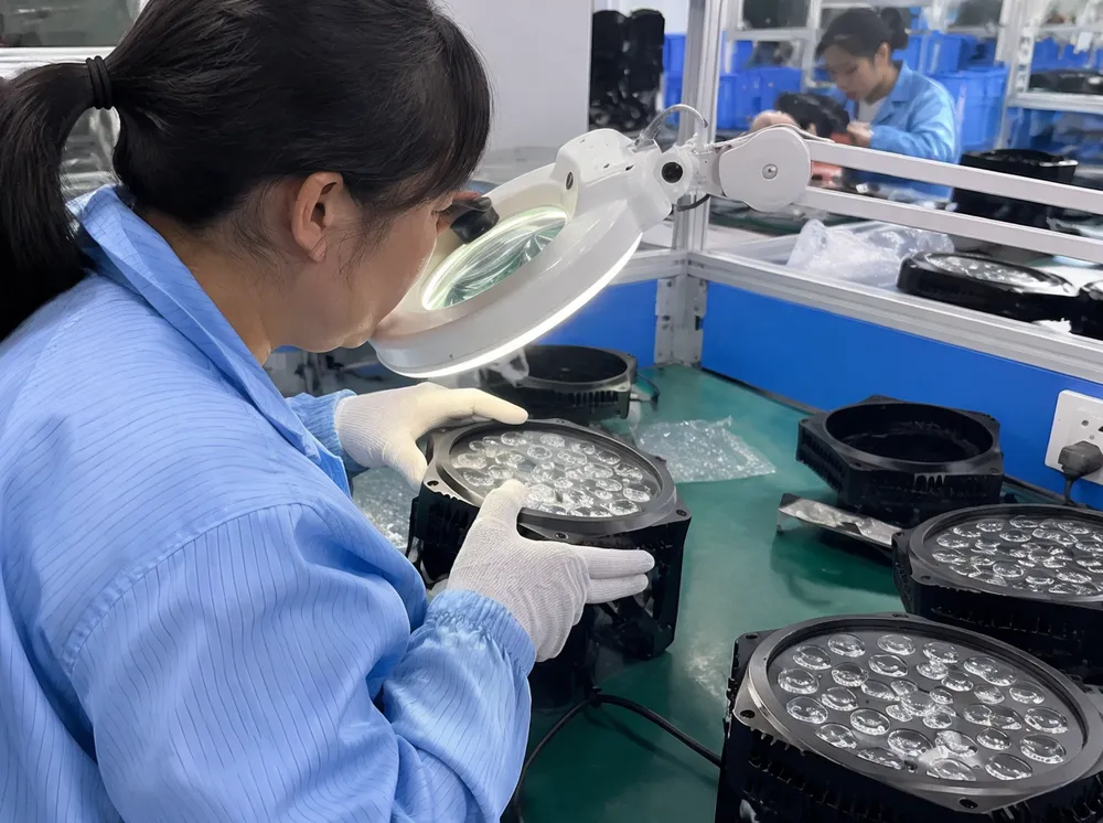 Post-assembly cosmetic inspection under magnification on GDMonkey LED fixture SMT line