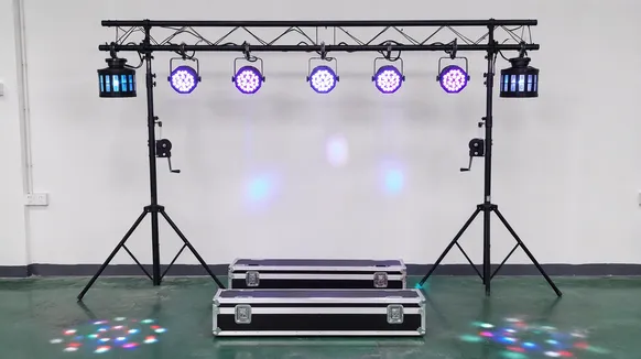 Compact DJ lighting truss rig on crank stands with LED PARs and derby effects