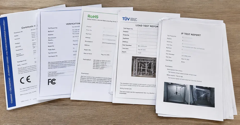 Compliance documentation package showing CE certificates, RoHS declarations, TÜV load test reports, and IP rating test results for DJ lighting truss systems