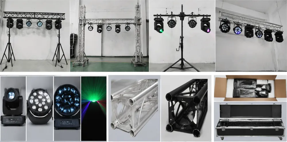 Custom DJ lighting truss setup configurations showing branded fixtures, custom finishes, and white-label packaging options