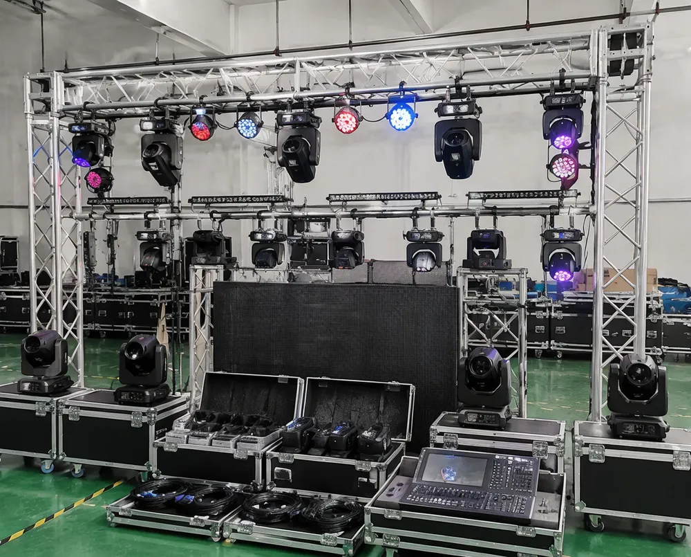 Complete DJ lighting truss setup system with aluminum truss, LED PARs, moving heads, and integrated DMX control