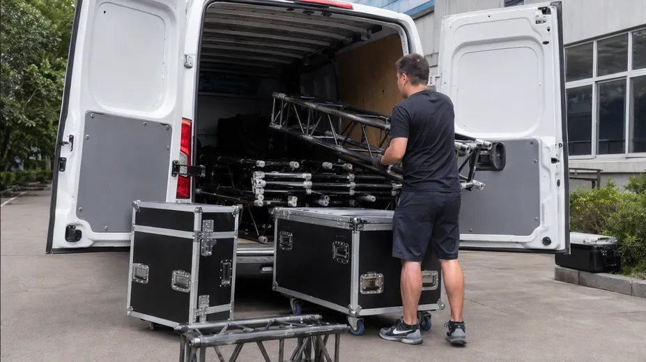 Mobile DJ rental operator loading multiple truss setups into van for weekly events