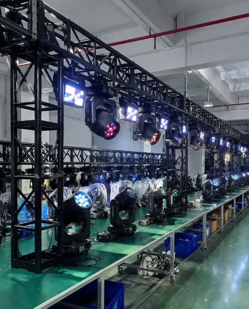 Full DJ lighting truss system mounted and powered on the integration testing line