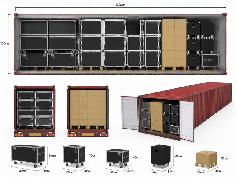 40HQ container loading diagram showing stacking arrangement for DJ lighting and audio cases