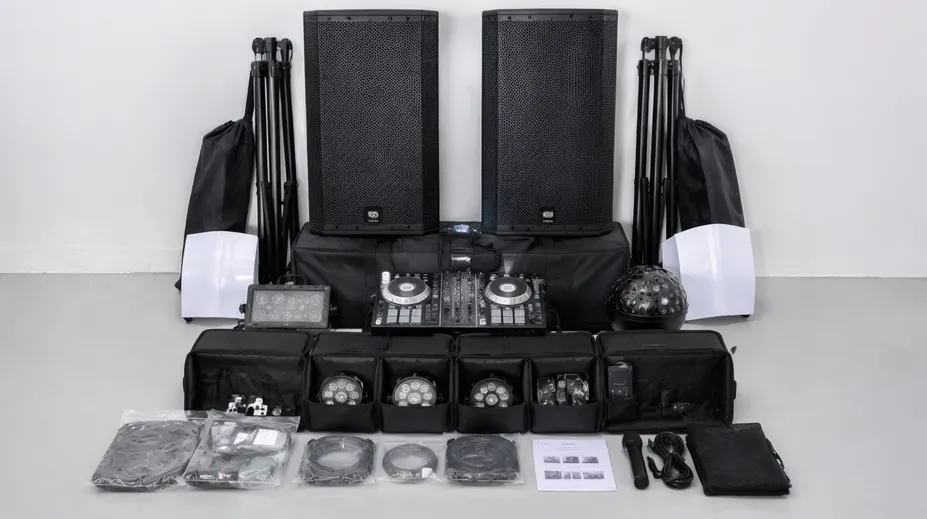 Complete DJ lights and speakers business-in-a-box package photographed for e-commerce listing
