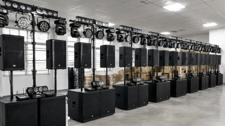 Multiple identical DJ light and speaker systems prepared for concurrent event company bookings