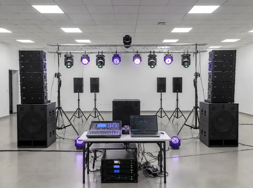 Full-system integration testing station with DJ lights and speakers connected in production configuration