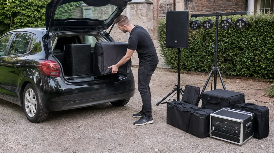 Mobile DJ loading a complete lights and speakers system into a hatchback for a solo wedding event