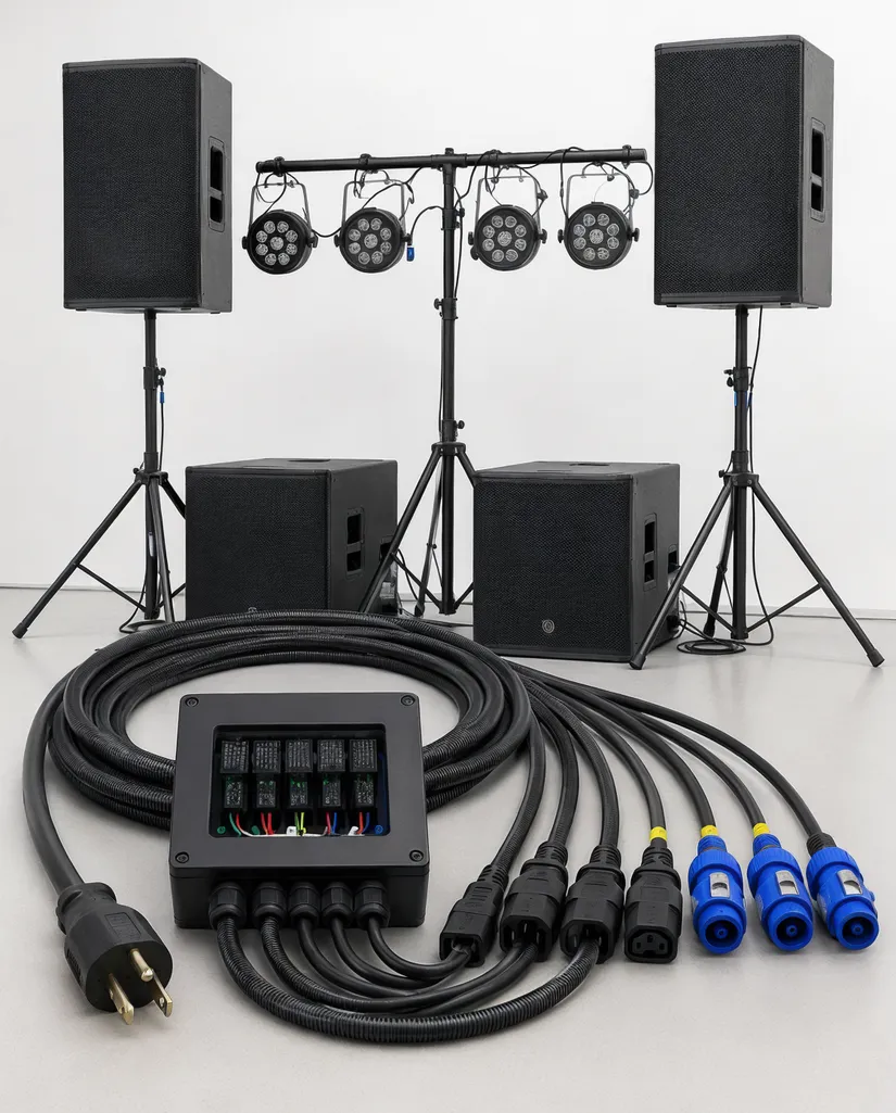 Sequenced power distribution harness with relay for DJ lights and speakers system