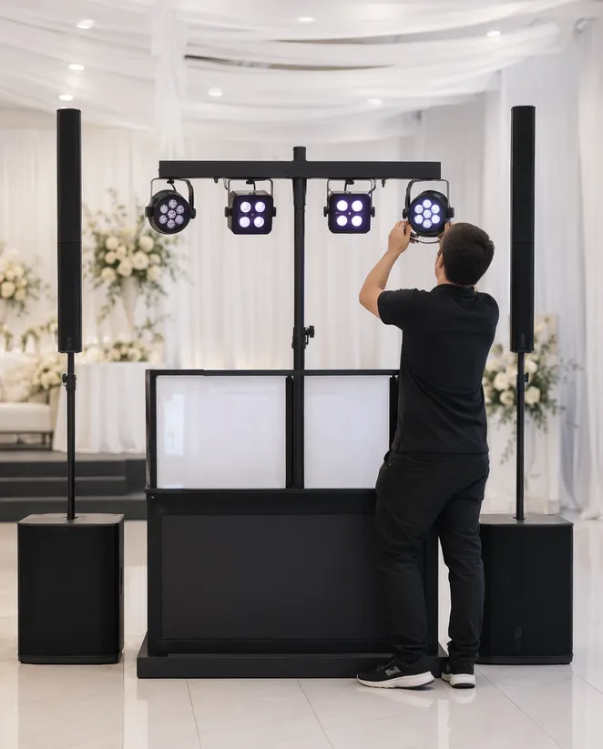 Solo mobile DJ operator setting up an integrated lights and speakers system at a wedding venue