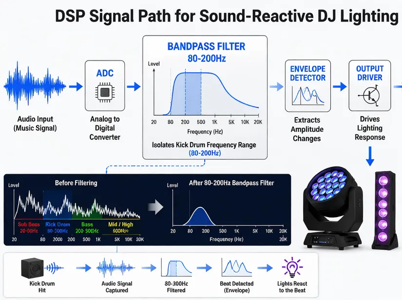 DSP signal path diagram showing bandpass filter tuned to 80-200Hz kick drum frequency range for sound-reactive DJ lighting
