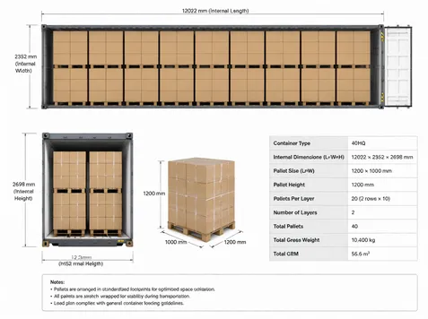 Container loading plan diagram showing optimized pallet arrangement for DJ lights setup kits in 40HQ
