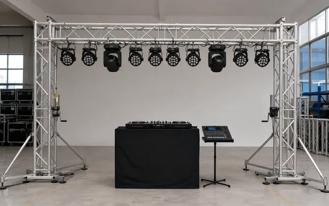 Complete DJ lighting truss setup with aluminum ground-support truss, LED PARs, moving heads, and DMX controller