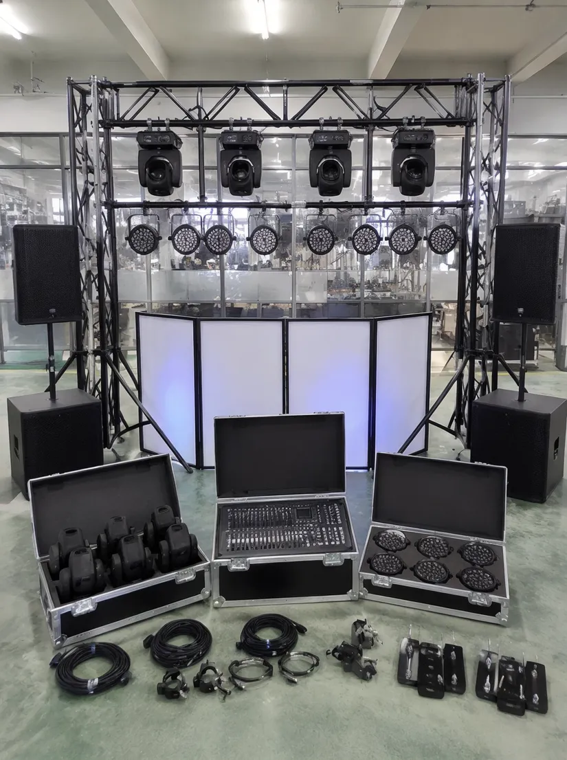 Complete DJ lights setup package with truss, LED PARs, moving heads, and DMX controller pre-configured for shipping