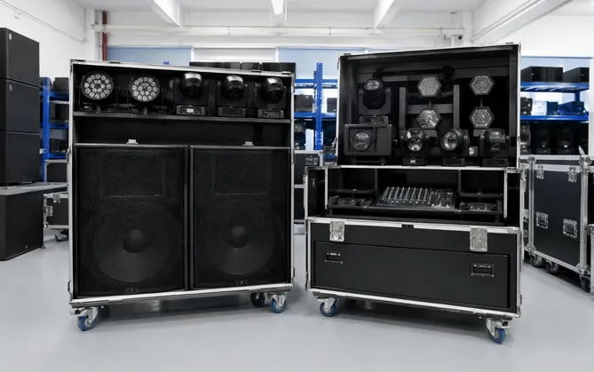 Integrated DJ lights and speakers setup with powered speakers and lighting in coordinated road cases