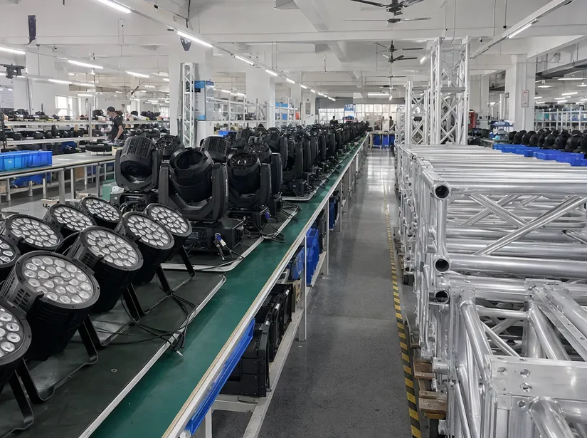 GDMonkey production facility showing LED PARs, moving heads, and truss hardware manufactured on adjacent lines