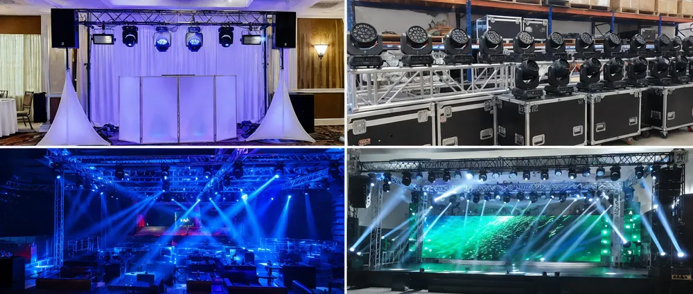 DJ lights setup packages deployed across mobile DJ, rental fleet, nightclub installation, and AV integration projects