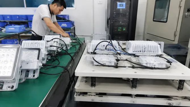 DJ lights setup kit undergoing vibration and continuity testing at GDMonkey factory