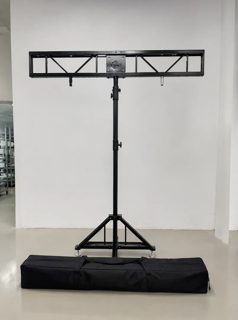 OEM branded DJ lighting truss stand with laser-etched logo and custom carry bag