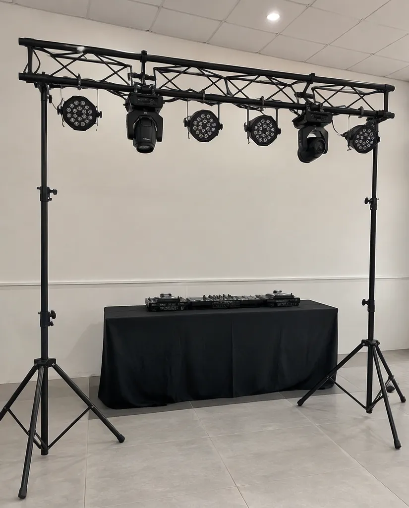 Portable truss stand set up for mobile DJ with PAR cans and moving heads mounted on 2.5m span