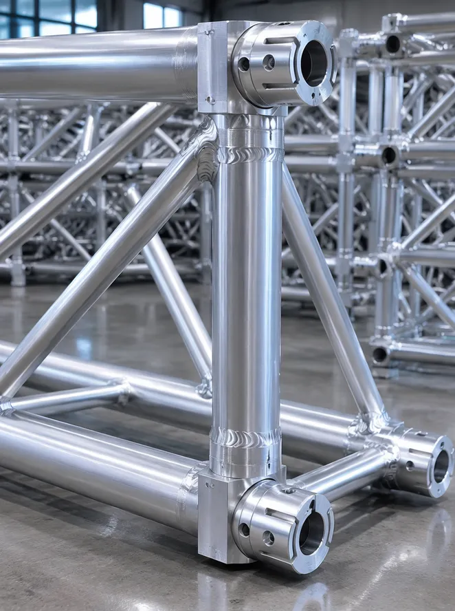 Close-up of modular aluminum truss system showing CNC-cut joints and TIG-welded connections on 6061-T6 alloy