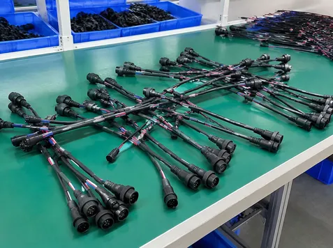 Pre-terminated wiring harness assembly with molded connectors for gigbar internal routing
