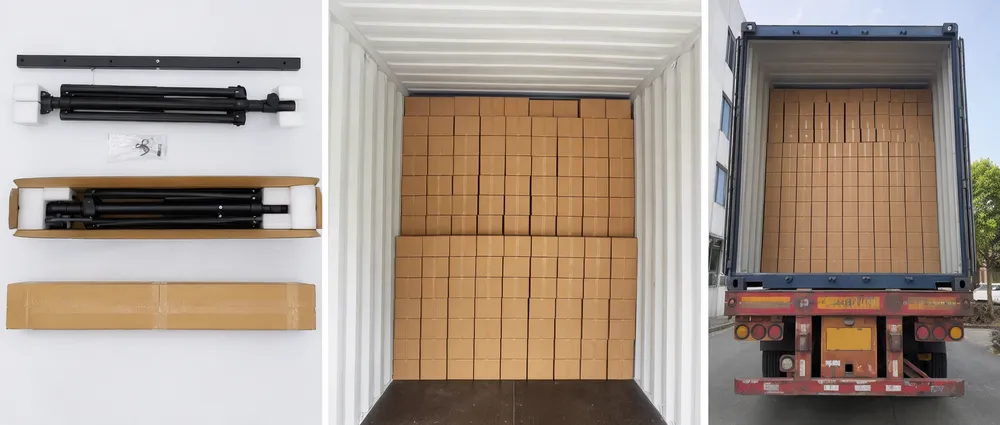 Container loading diagram showing knocked-down T bar stands packed efficiently in a 40HQ ocean freight container