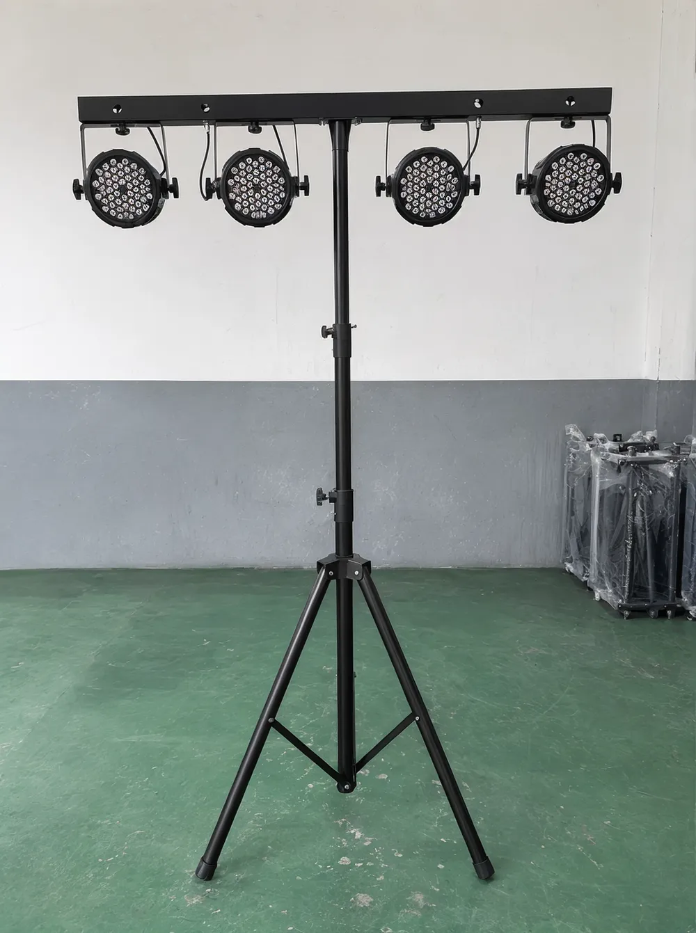 GDMonkey DJ lights T bar stand with 4 PAR fixtures mounted on crossbar, deployed on tripod base