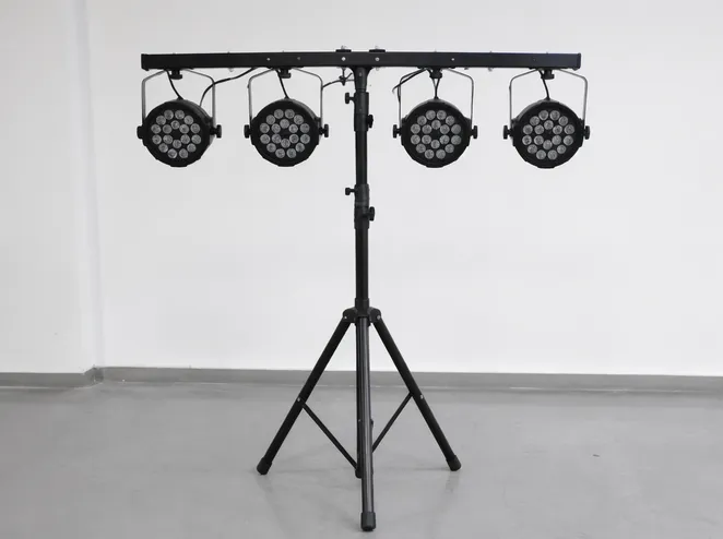 T bar stand with 4 PAR lights mounted showing bracket spacing compatibility