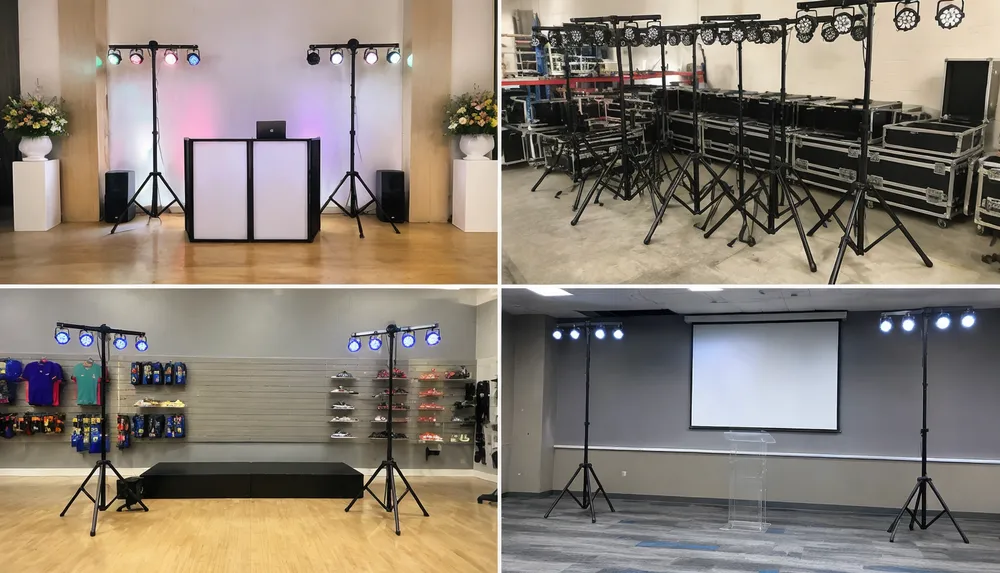 DJ lights tripod stands deployed across mobile DJ, rental, retail, and AV install applications