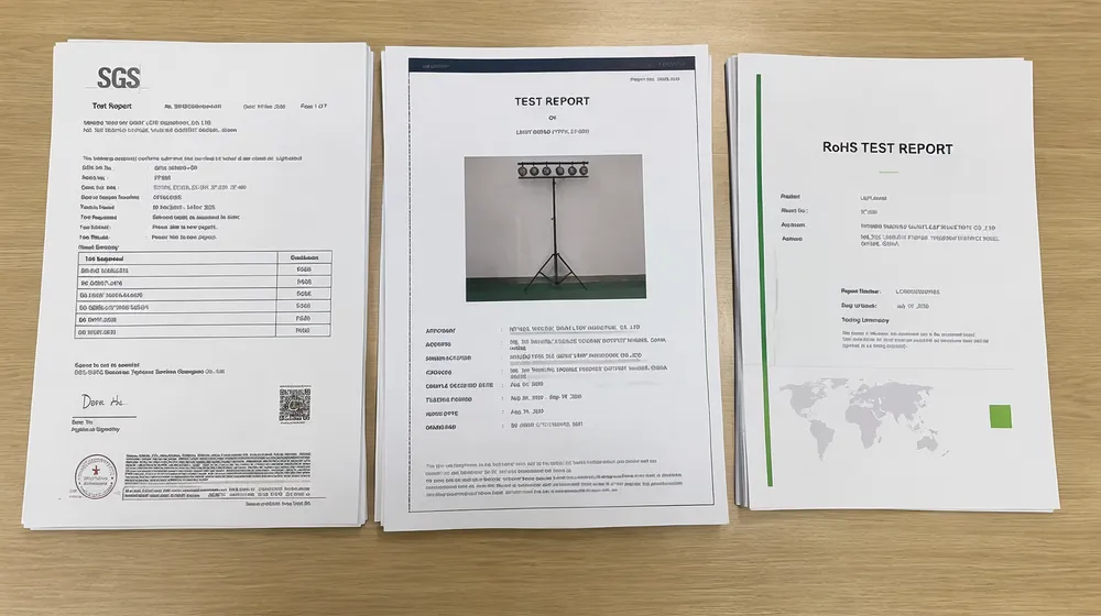 CE marking, load test certificates, and RoHS documentation for DJ lights tripod stands