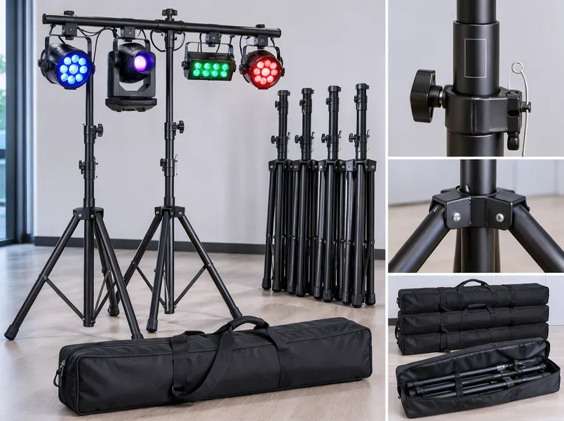 Custom branded DJ lights tripod stand with laser-etched logo and branded carry bag