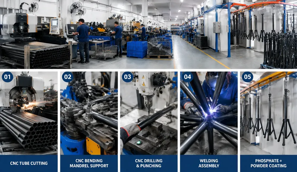 GDMonkey factory floor showing five-station tripod stand production line from tube cutting to powder coating
