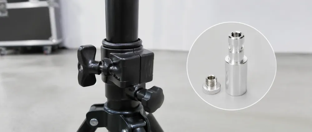 Close-up of DJ lights tripod stand locking collar and 35mm spigot adapter fitting