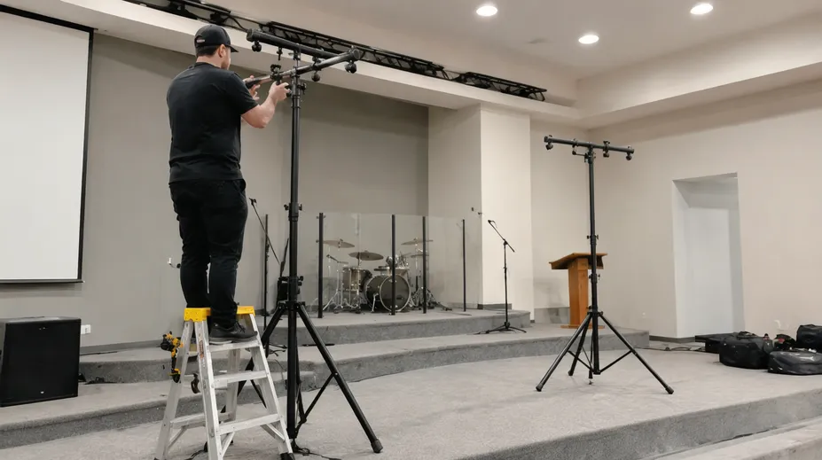 AV integrator installing stage stands in a church auditorium for permanent lighting setup