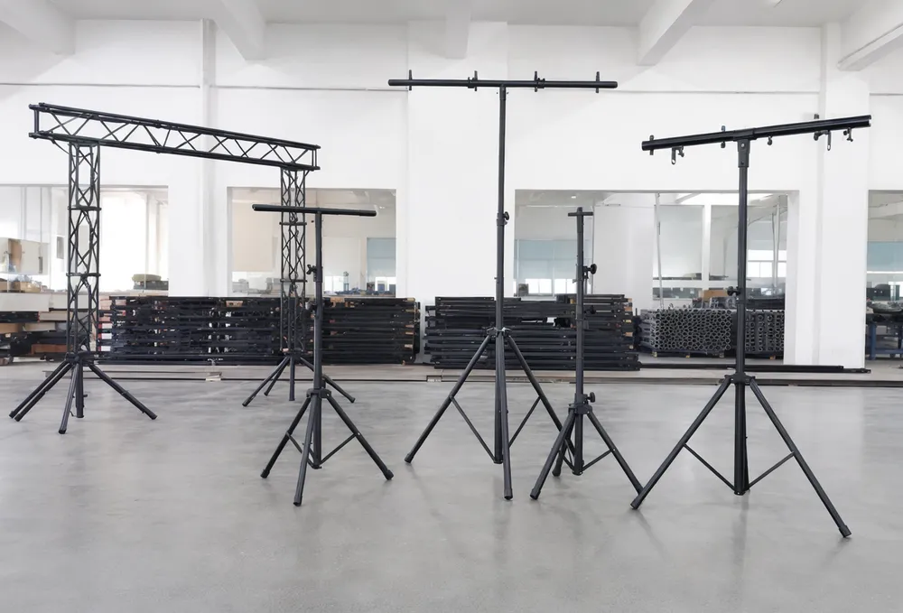 DJ lights stand range — truss, tripod, T bar, gigbar, and stage stand configurations manufactured at GDMonkey facility