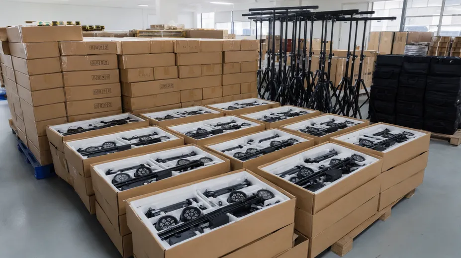 Bulk DJ lights stand inventory packaged in branded kits ready for e-commerce fulfillment