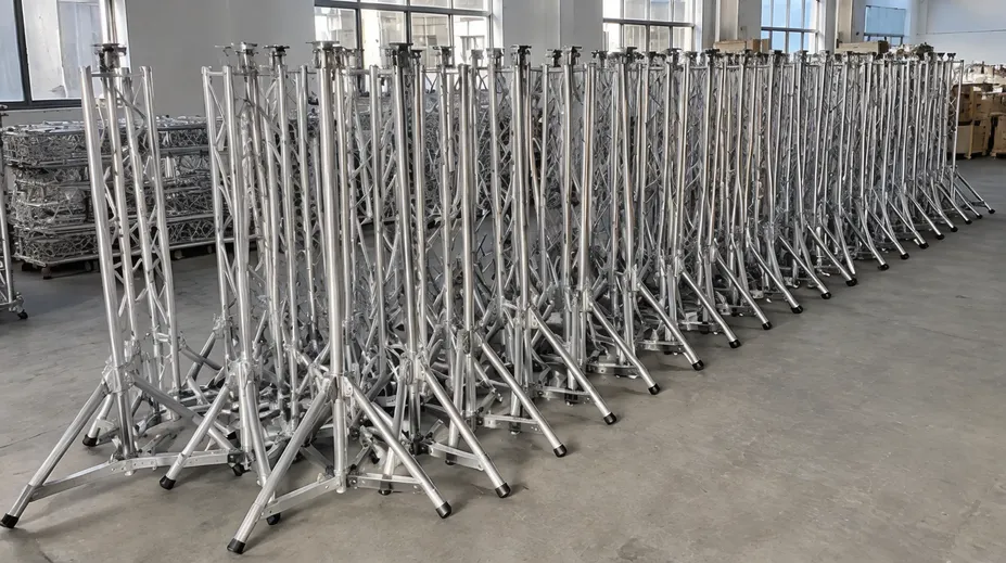 Event rental company warehouse with rows of identical truss stands ready for deployment